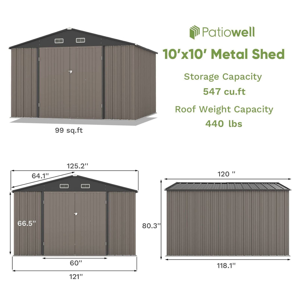 Patiowell Size Upgrade 10 x 10 ft Outdoor Storage Metal Shed with Slop