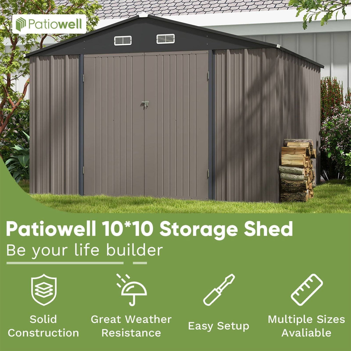 Patiowell Size Upgrade 10 x 10 ft Outdoor Storage Metal Shed with Slop